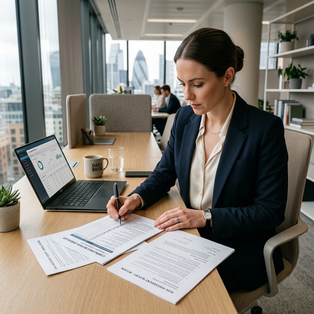 Professional reviewing compliance and regulatory documents