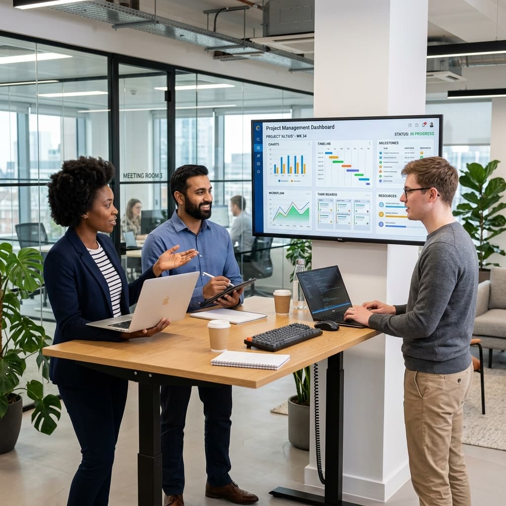 Team collaborating with project management dashboards